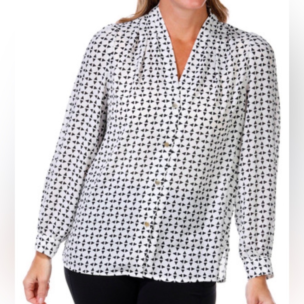 Nine West Womens Long Sleeve Button‎ Down Top Elegant Black and White Patterned